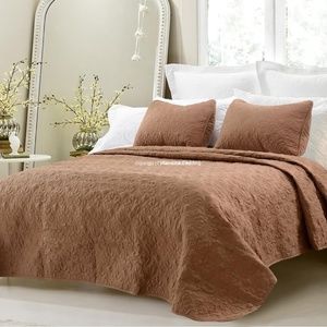 NEW 3pc Brown Quilted Cotton Queen Coverlet Sets